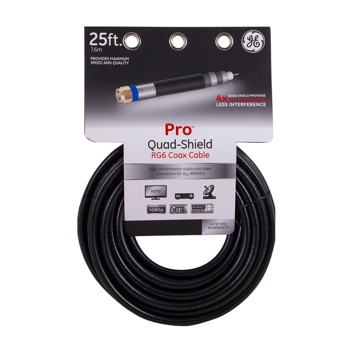 GE Pro 25ft. Quad-Shield RG6 Coaxial Cable, Black