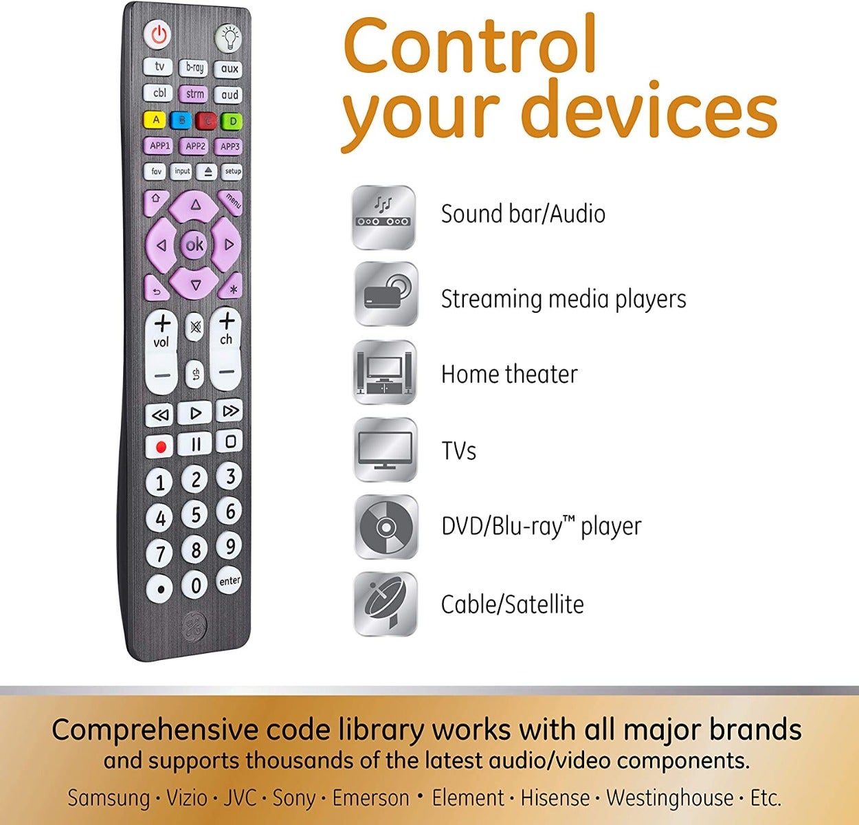 GE 6-Device Backlit Universal Remote, Brushed Black