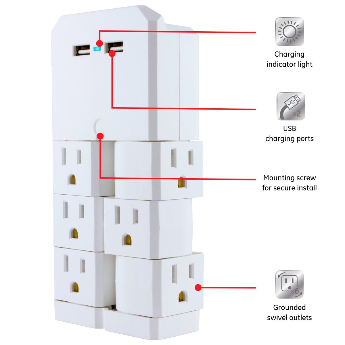 GE 6-Outlet 2-USB Wall Tap with Surge Protection and Swivel Outlets, White