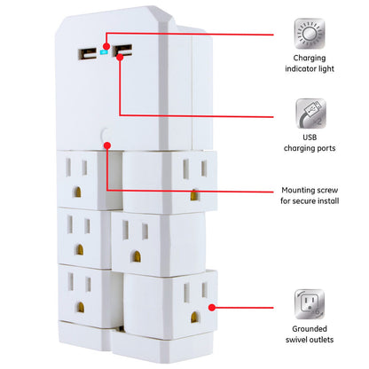 GE 6-Outlet 2-USB Wall Tap with Surge Protection and Swivel Outlets, White
