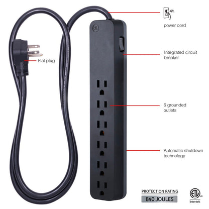 GE Pro 6-Outlet 4ft. Surge Protector, Black