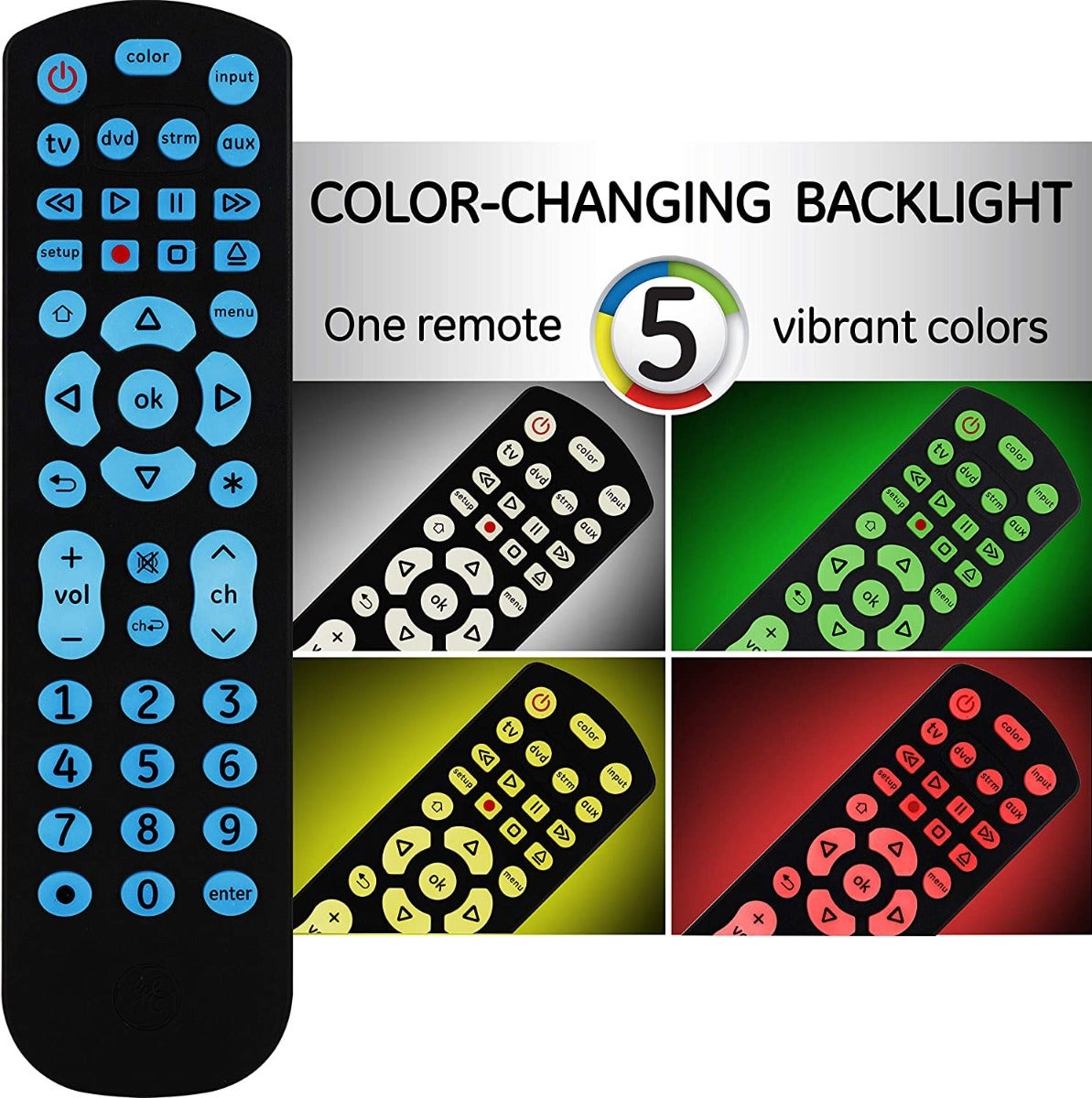 GE UltraPro 4-Device Color Changing Backlight Universal Remote, Black
