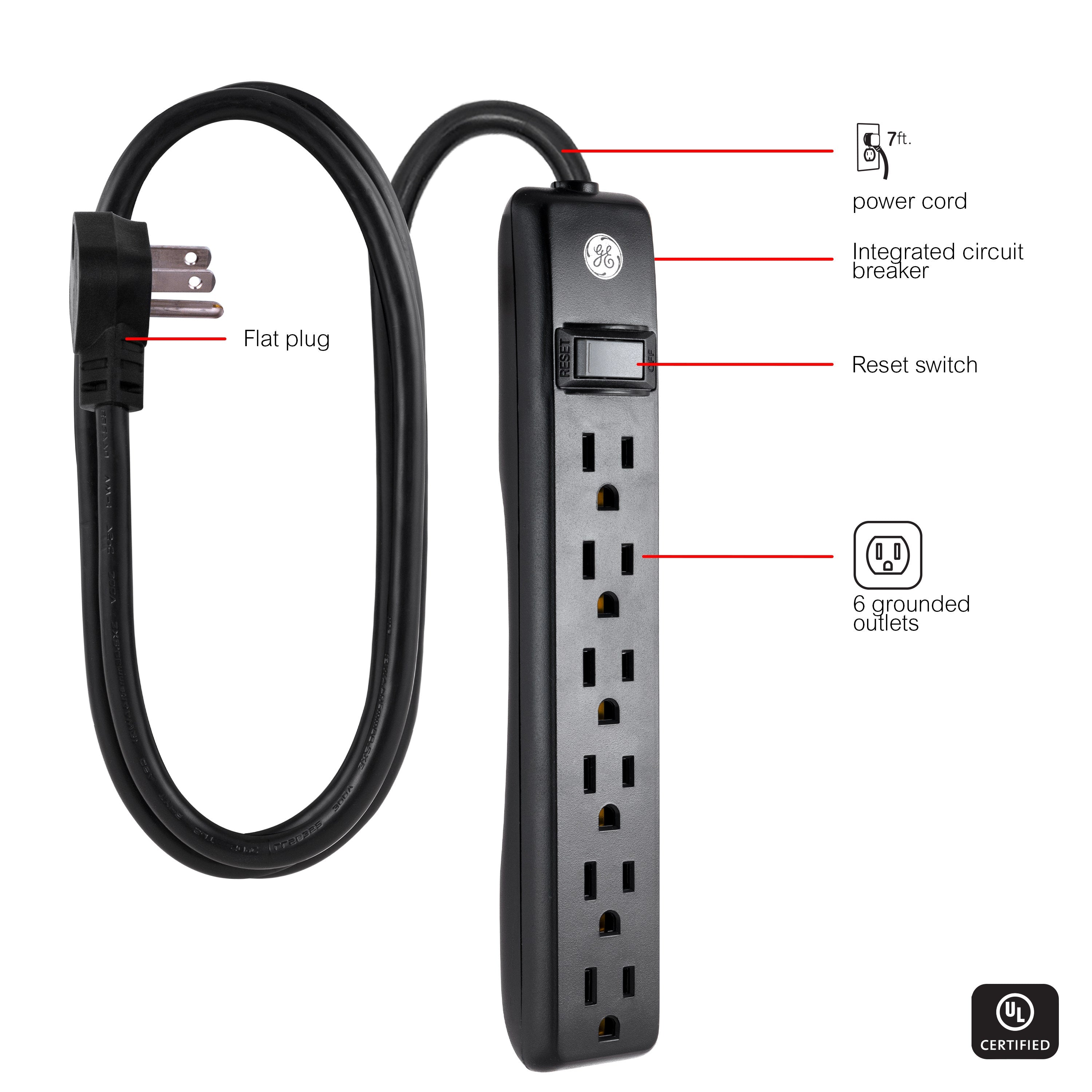 GE 6-Outlet 7ft. Power Strip, Black