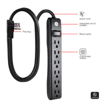 GE 6-Outlet 7ft. Power Strip, Black