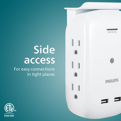 Philips Outlet 2-USB Wall Tap With Surge Protection And Device Shelf, White