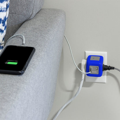 Philips 3-Outlet 2-USB Wall Tap with Surge Protection, Blue/Gray