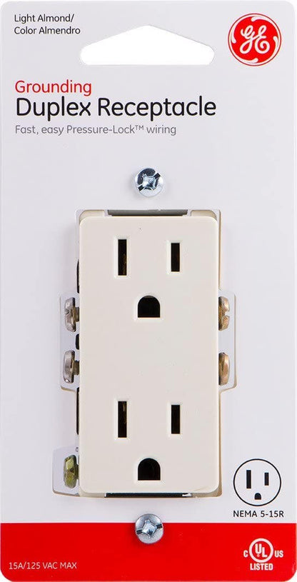GE Grounding Duplex Designer Receptacle, Light Almond