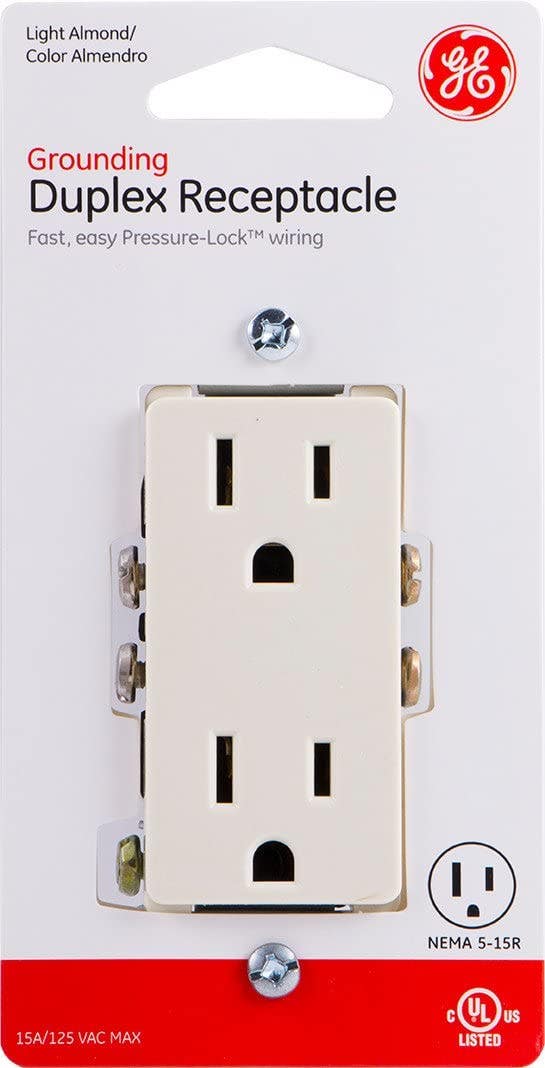 GE Grounding Duplex Designer Receptacle, Light Almond