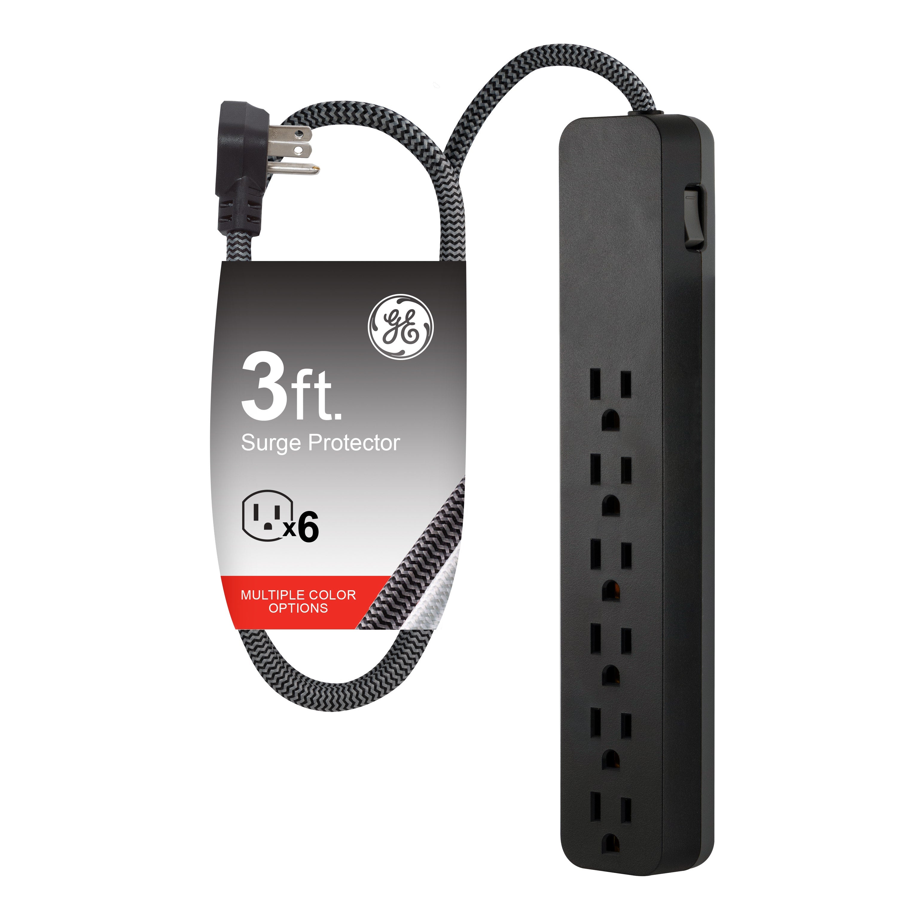 GE 6-Outlet Surge Protector 3ft. Braided Cord, Black