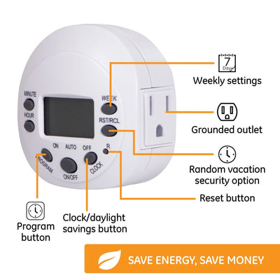 GE Indoor Plug-In 7-Day Digital Timer, White