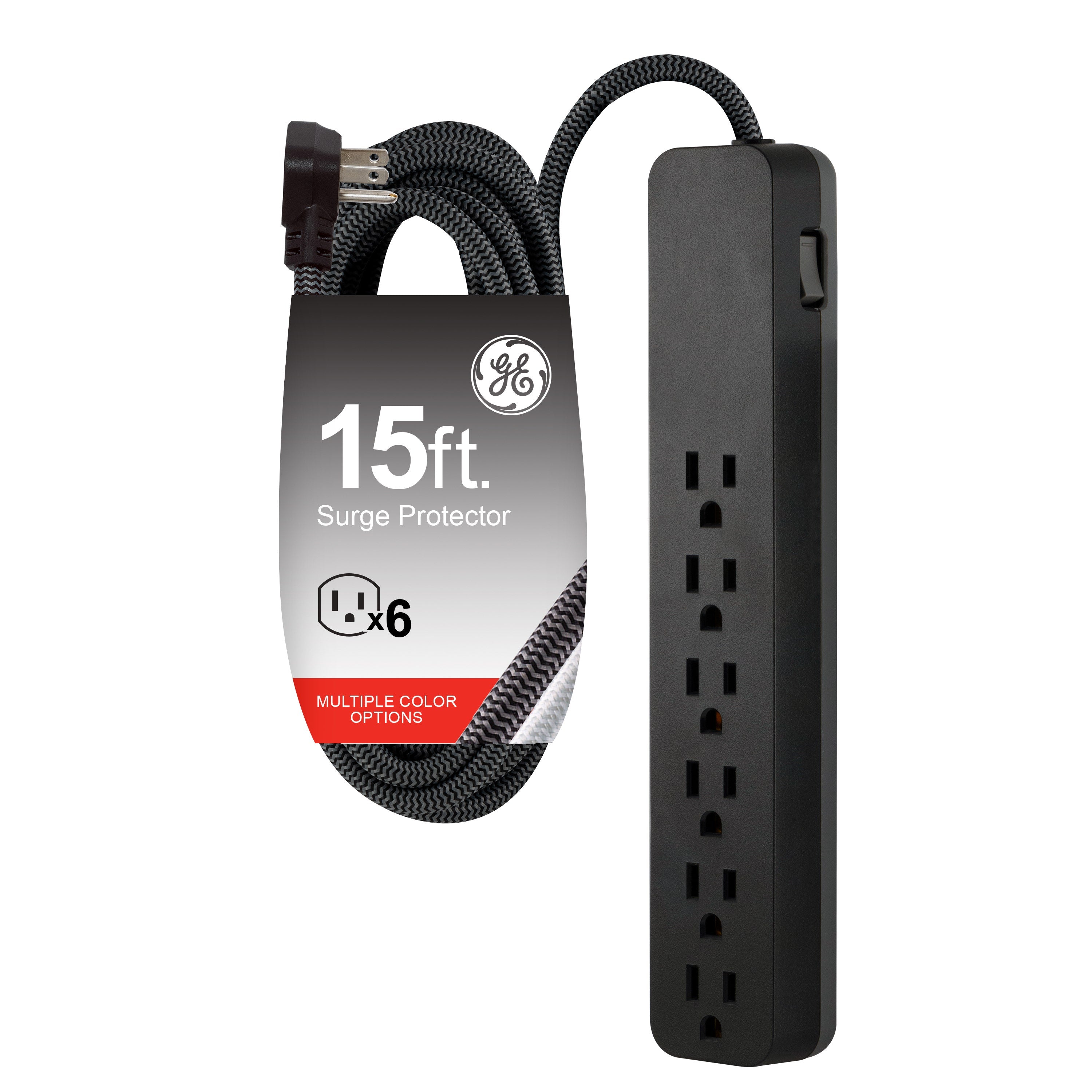 GE 6-Outlet Surge Protector 15ft. Braided Cord, Black