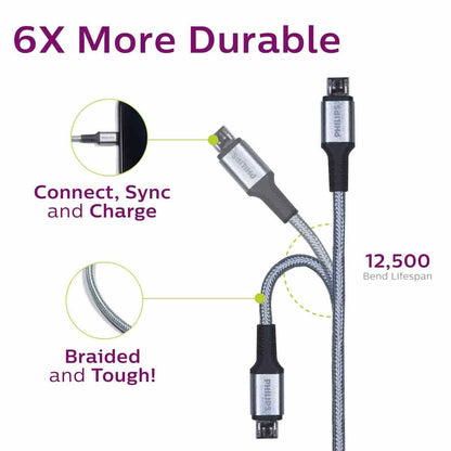 Philips 6ft. USB-A to Micro USB Braided Charging Cable, Silver