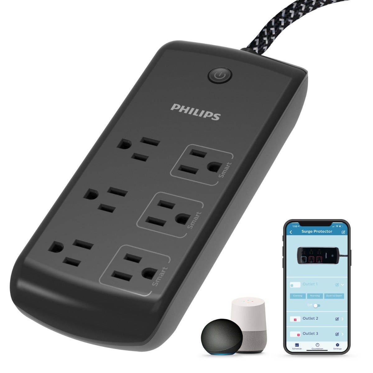 Philips 6-Outlet 8ft. WiFi Braided Extension Cord with Surge Protection, Black