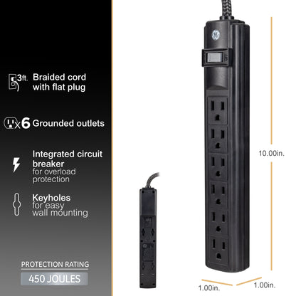 GE 6-Outlet 3ft. Surge Protector, 2 Pack, Black