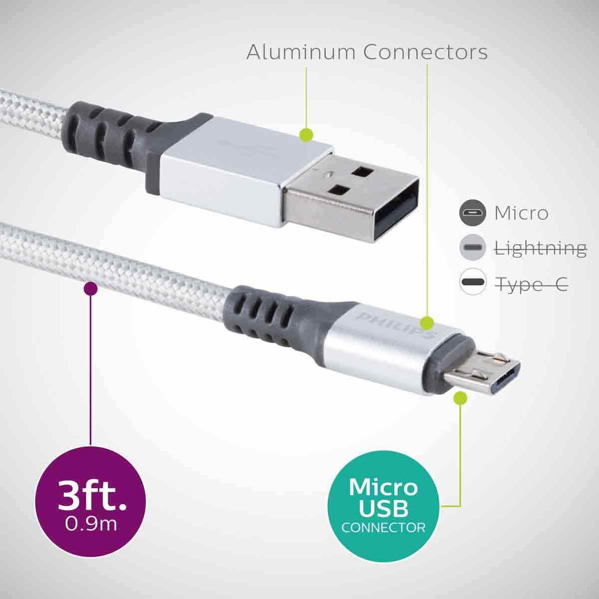 Philips 3ft. USB-A to Micro USB Charging Cable, Silver