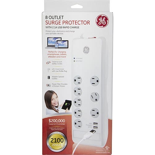 GE 8-Outlet 2-USB 4ft. Surge Protector, White