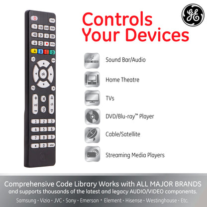 GE 4-Device Universal Remote, Brushed Black