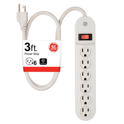 GE 6-Outlet 3ft. Power Strip with Twist-to-Close Safety Covers, White