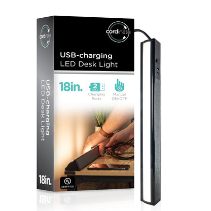 Cordinate 18in. Plug-In LED Light Fixture with 2-USB Fabric Charging Station and Braided Cord, Black
