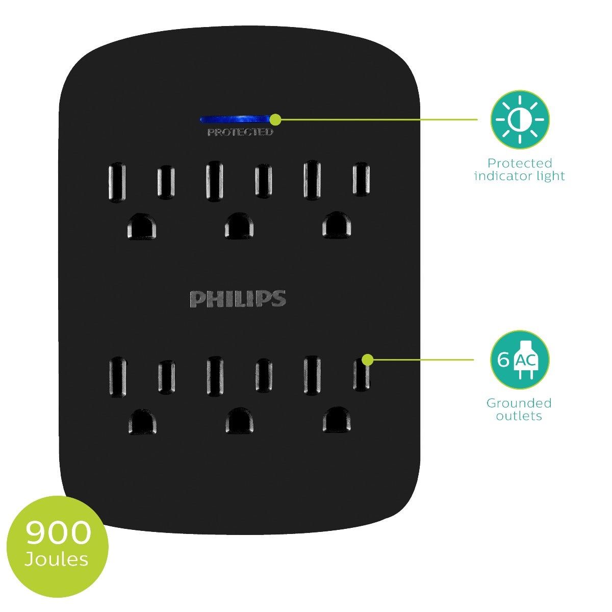 Philips 6-Outlet Wall Tap with Surge Protection, 2 Pack, Black