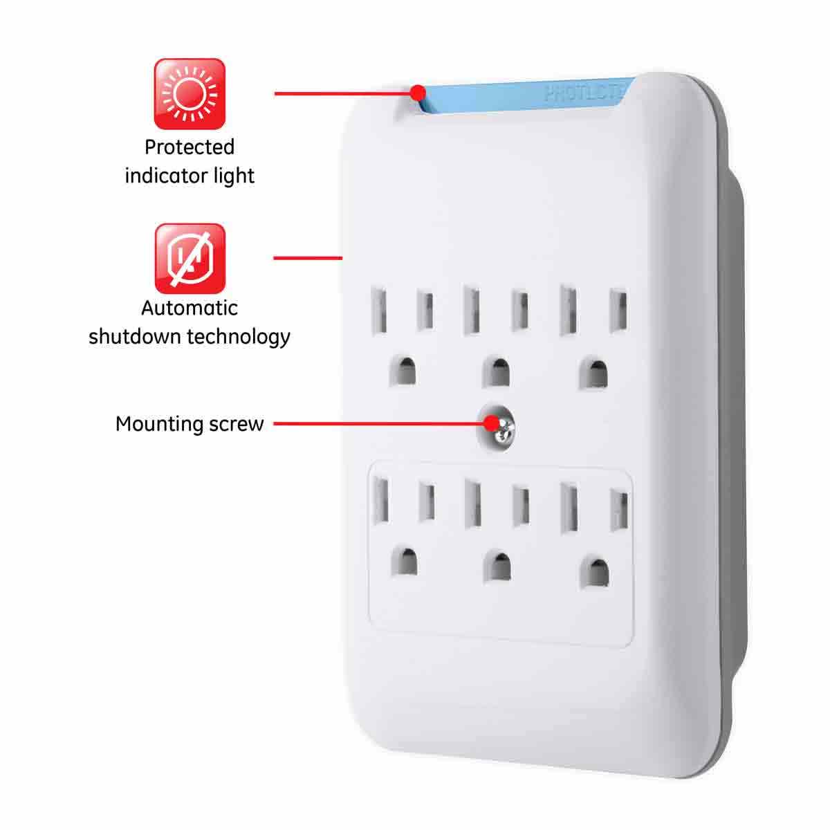 GE 6-Outlet Wall Tap with Surge Protection, White