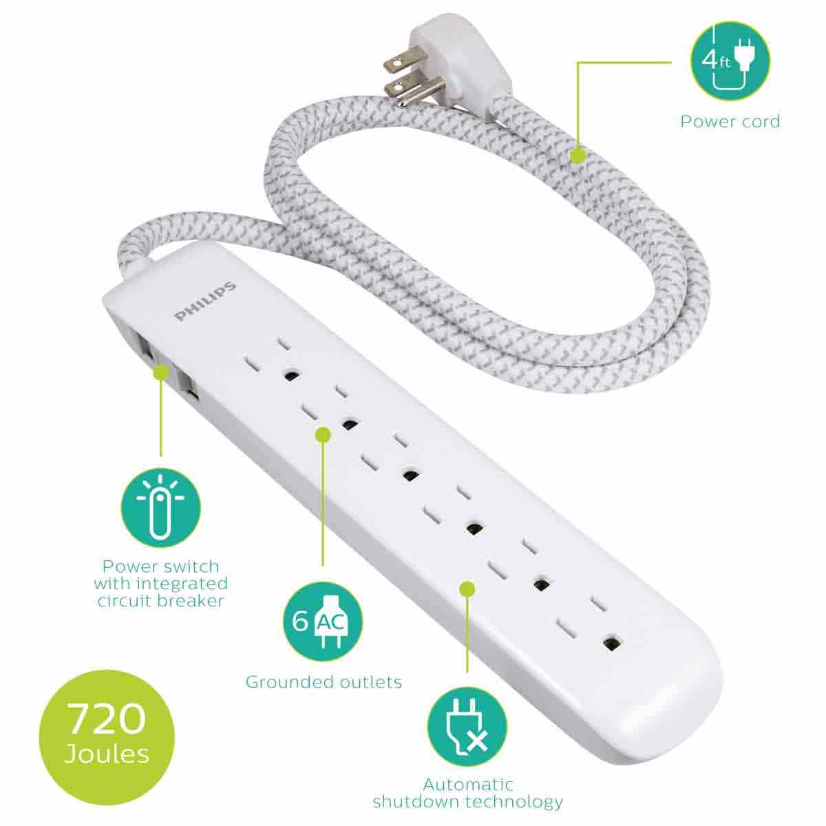 Philips 6-Outlet 4ft. Surge Protector, White
