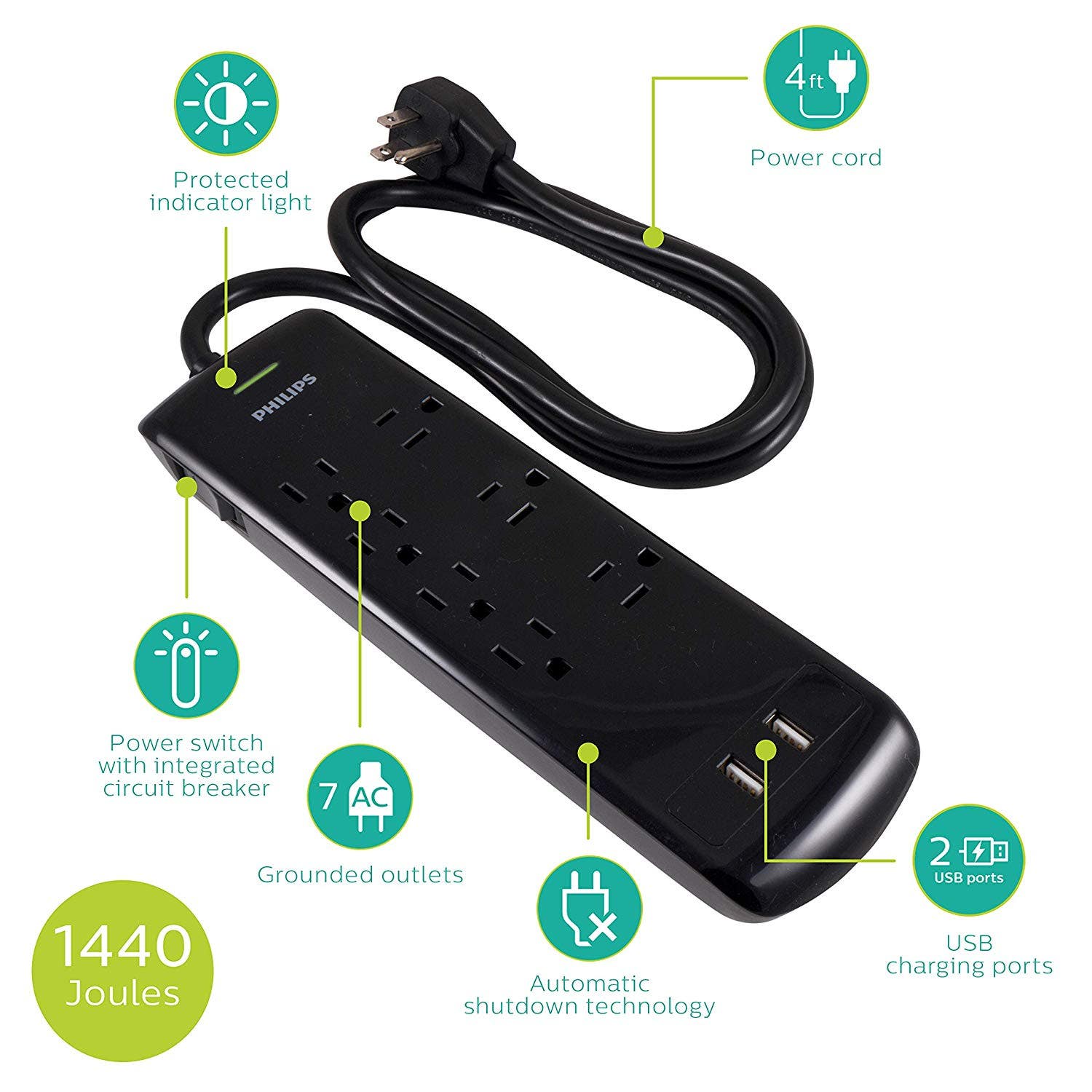 Philips 7-Outlet 2-USB 4ft. Surge Protector, Black