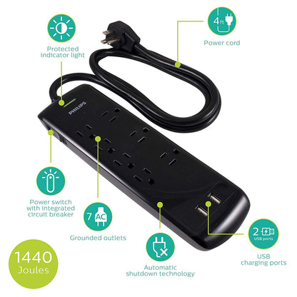Philips 7-Outlet 2-USB 4ft. Surge Protector, Black