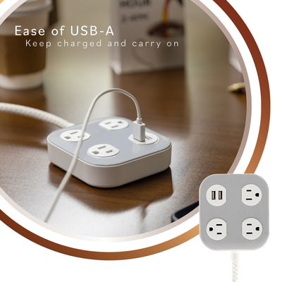 Cordinate ADAPT 3-Outlet, 2-USB 4ft. Braided Extension Cord, Cream/Gray