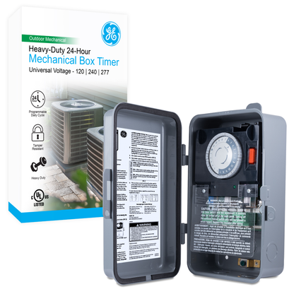GE Outdoor Heavy-Duty 24-Hour Mechanical Box Timer Switch with Universal Voltage, Gray