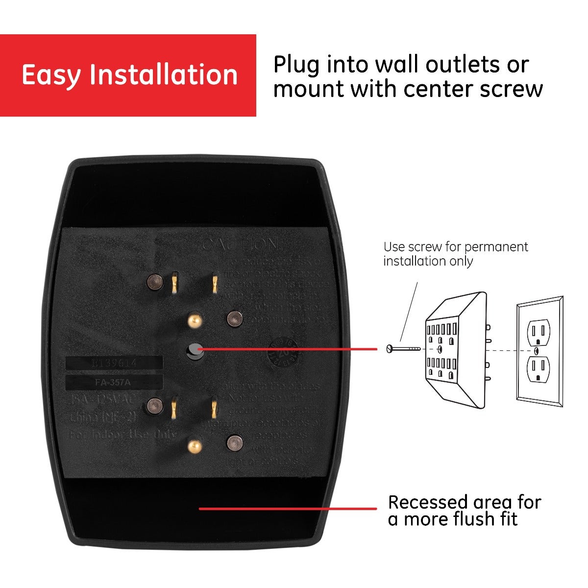 GE 6-Outlet Wall Tap, 2 Pack, Black