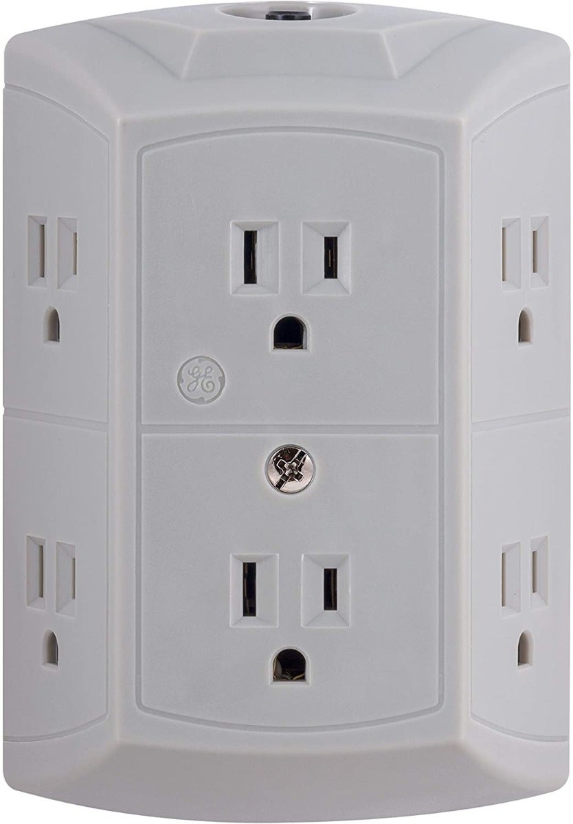 GE 6-Outlet Wall Tap with Resettable Circuit Breaker, 2 Pack, Gray