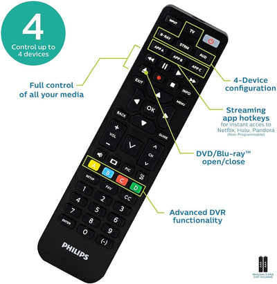 Philips 4-Device Universal Vizio Replacement Remote, Black