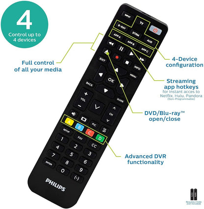 Philips 4-Device Universal Vizio Replacement Remote, Black