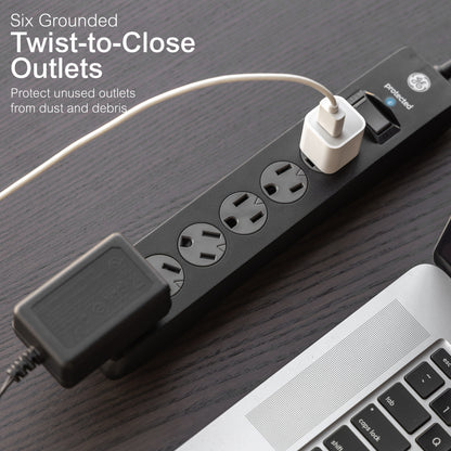 GE 6-Outlet 6ft. Surge Protector with Twist-to-Close Safety Outlets, Black