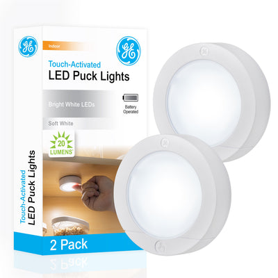 GE Battery Operated Touch Activated LED Puck Lights, 2 Pack, White