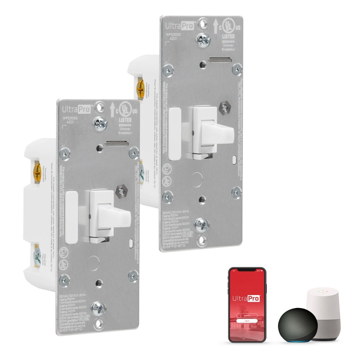 UltraPro WiFi In-Wall Smart Toggle Dimmer With QuickFit™ And SimpleWire™, 2 Pack, White
