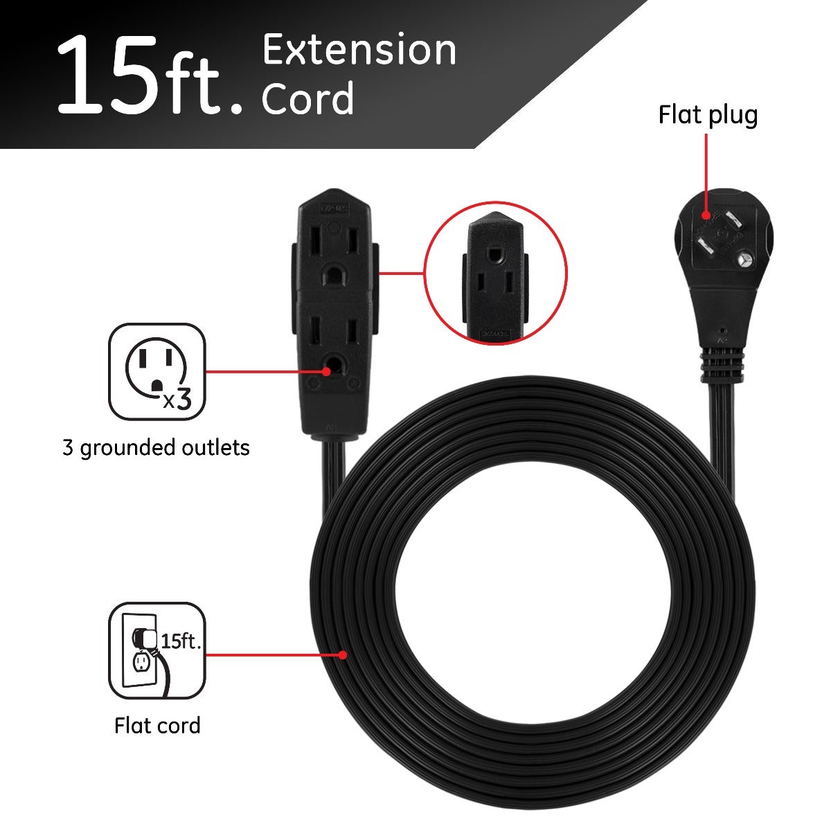 GE 3-Outlet 15ft. Extension Cord with Right-Angle Plug, Black