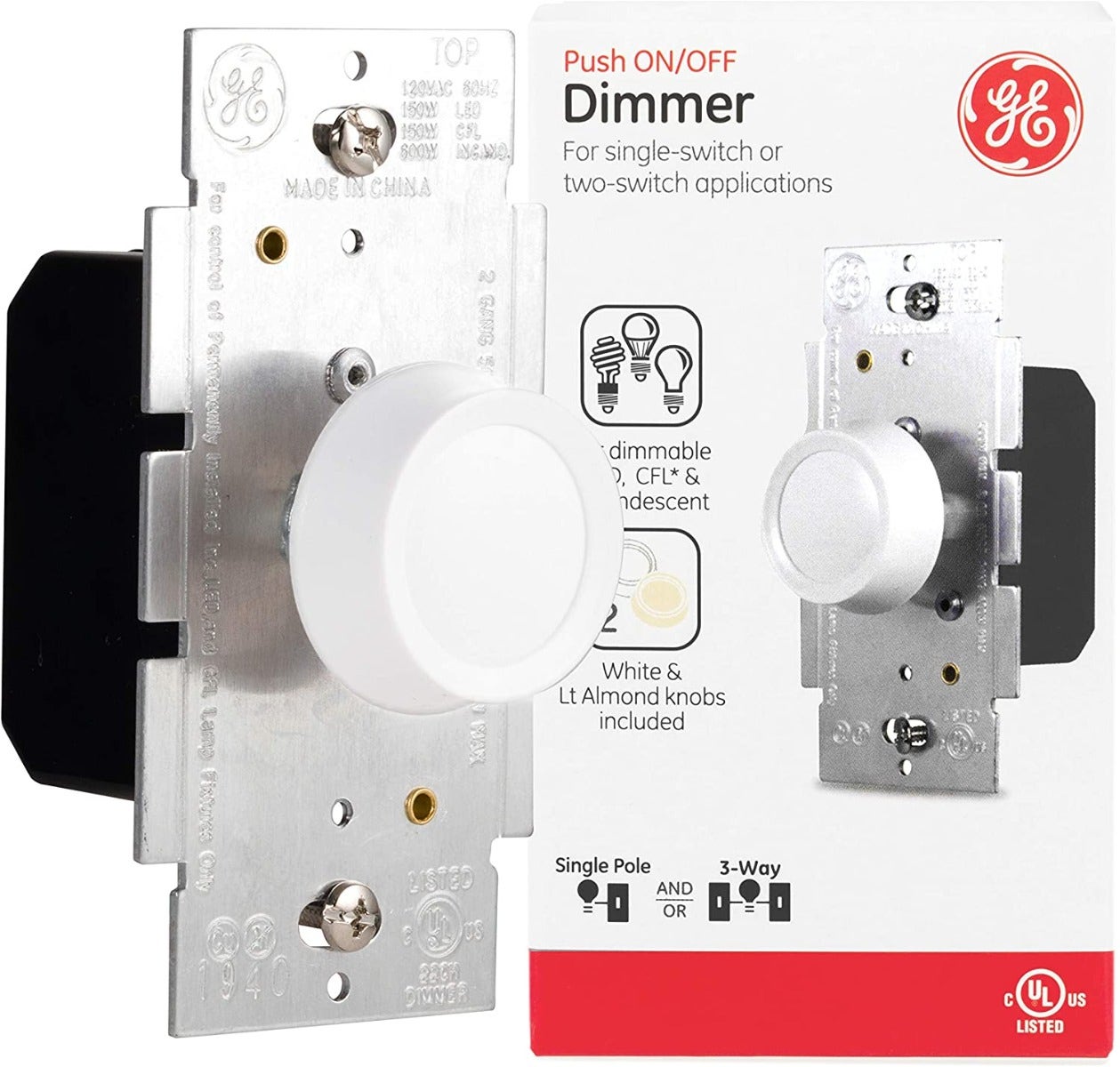 GE Push On/Off Dimmer, White/Almond