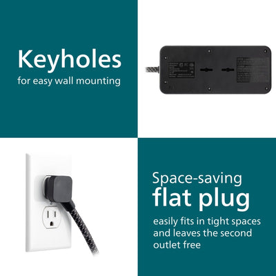 Philips 5-Outlet 6ft. 1 USB-A 1 USB-C Surge Protector With Adapter-Spaced Outlets, Black