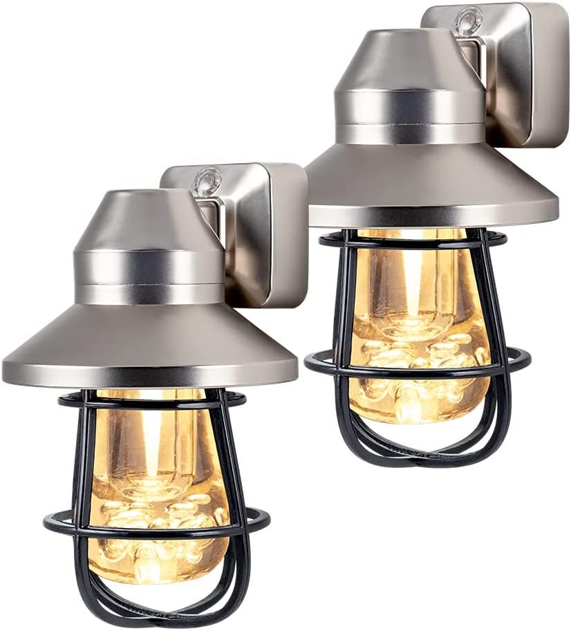 GE Vintage Cage Frame Light Sensing LED Night Light, 2 Pack, Brushed Nickel