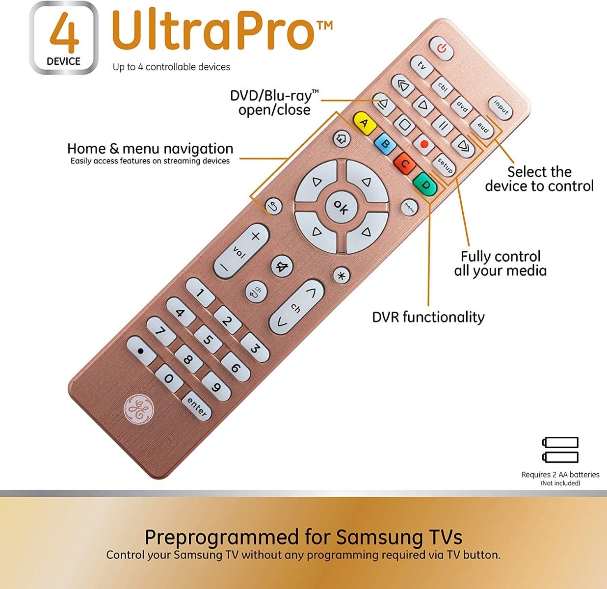 GE 4-Device Backlit Universal Remote, Brushed Rose Gold