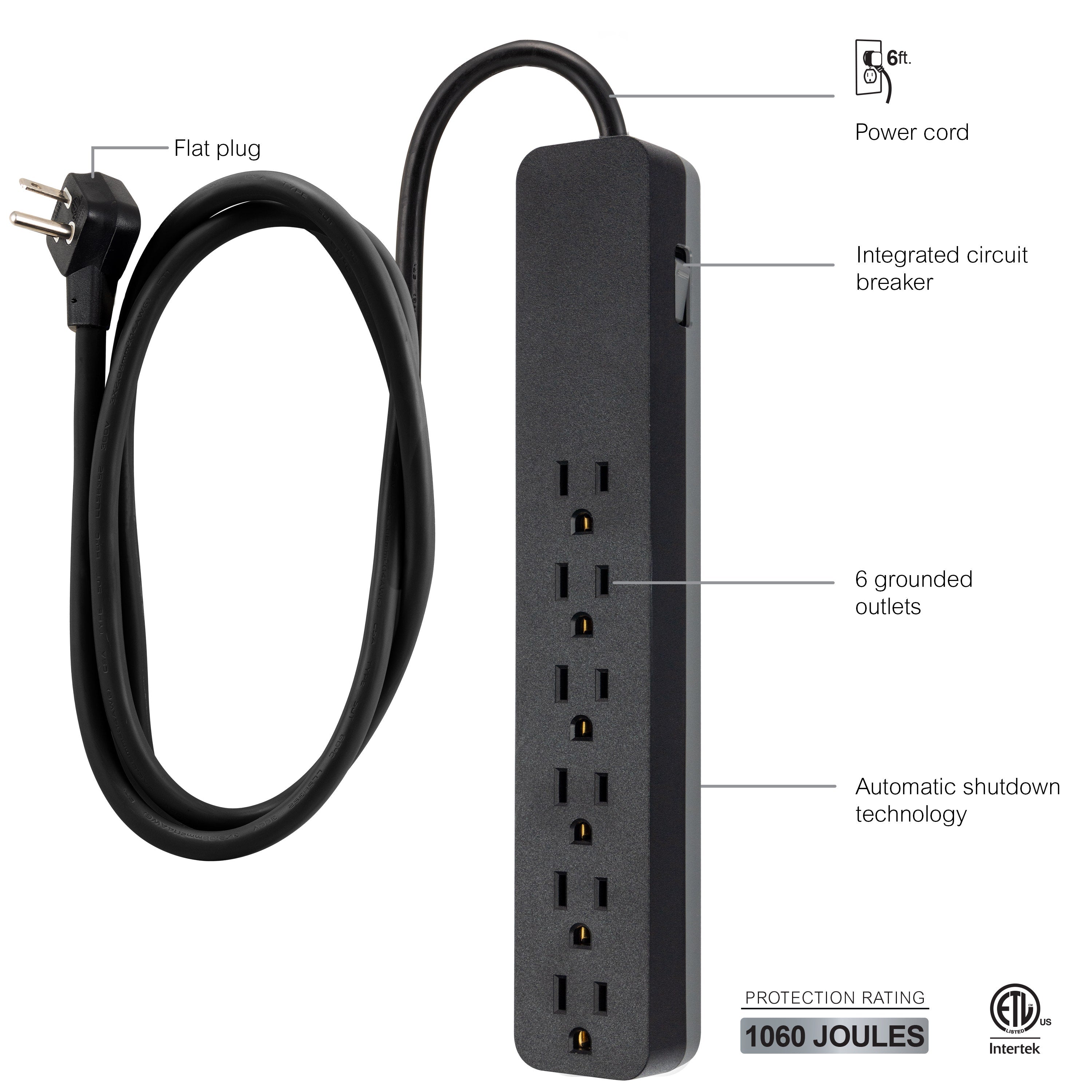 GE 6-Outlet 6ft. Surge Protector, Black