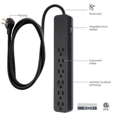 GE 6-Outlet 6ft. Surge Protector, Black