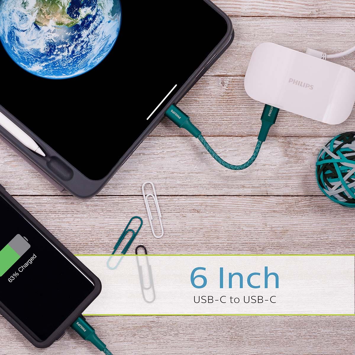 Philips 6in. USB-C to USB-C Braided Charging Cable, Emerald