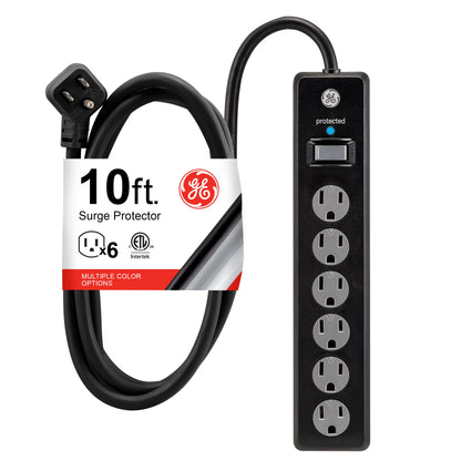 GE 6-Outlet 10ft. Surge Protector With Twist-To-Close Safety Covers, Black