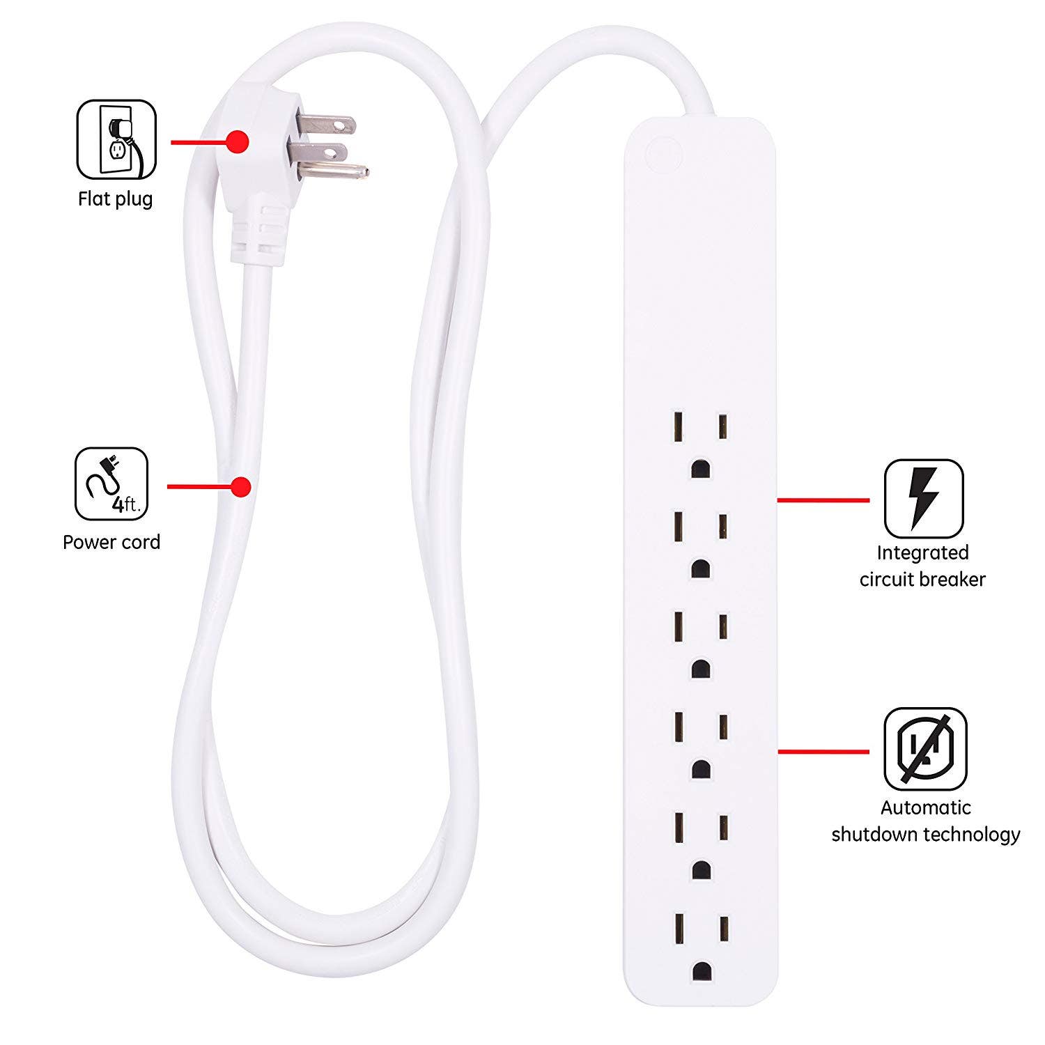 GE 6-Outlet 4ft. Surge Protector, White