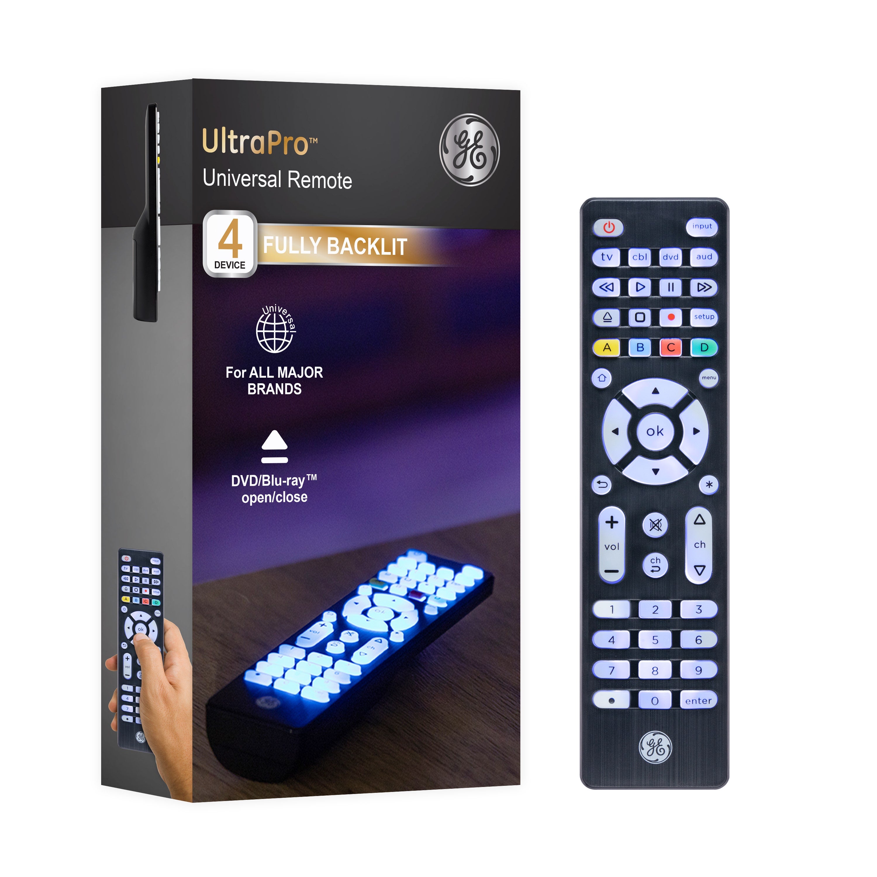 GE 4-Device Backlit Universal Remote, Brushed Black