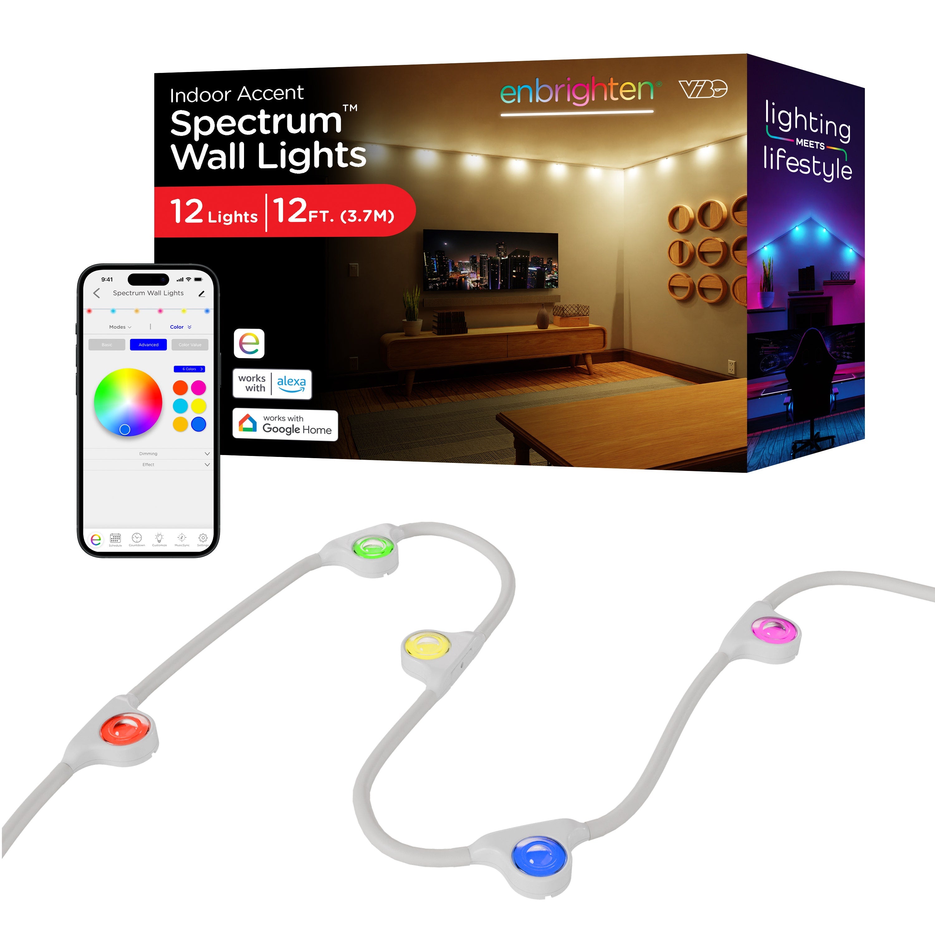 Enbrighten WiFi VIBE Spectrum Color-Changing Wall Lights 12 Lights, 12ft. White Cord