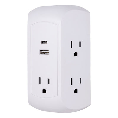 GE 5-Outlet 2-USB Wall Tap with Surge Protection and USB-C, White